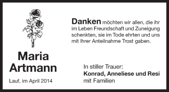 Traueranzeige von Maria Artmann von Pegnitz-Zeitung